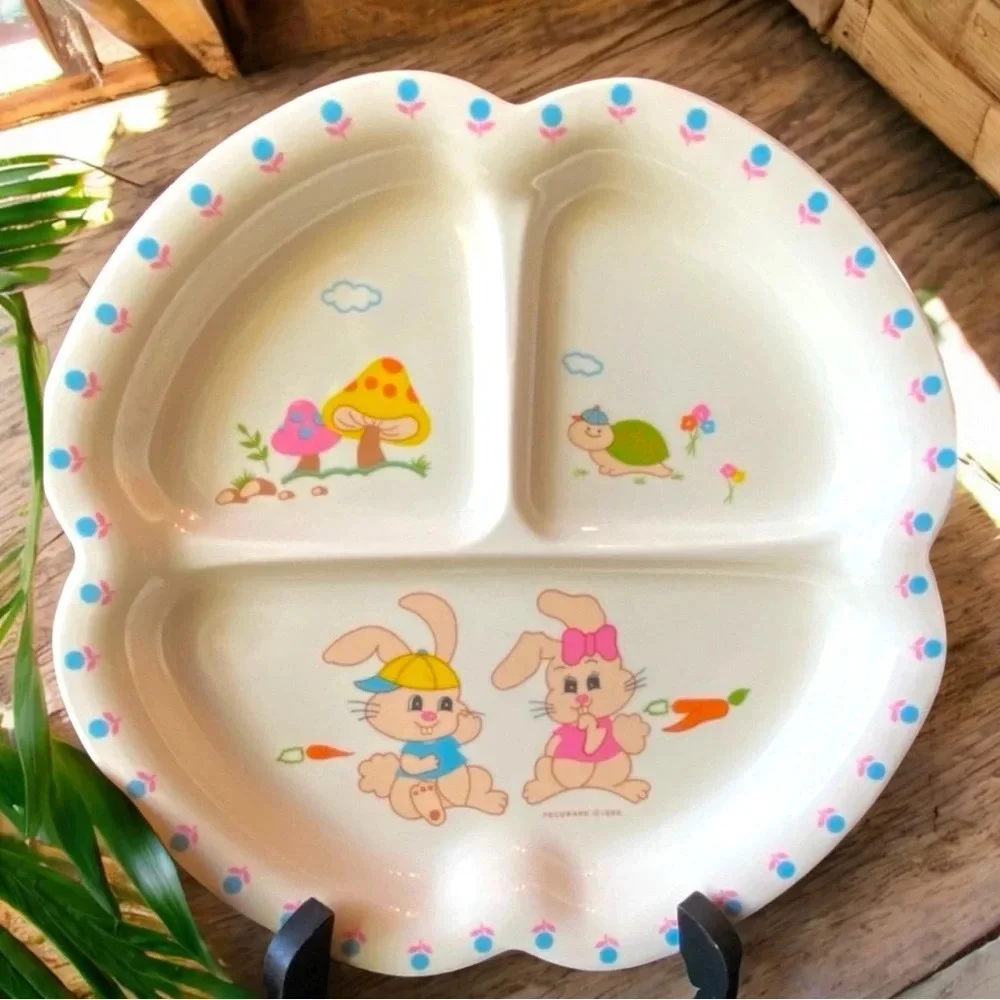 VINTAGE 1986 Peco Melamine Dinnerware Plate & Bowl - Bunny Rabbits